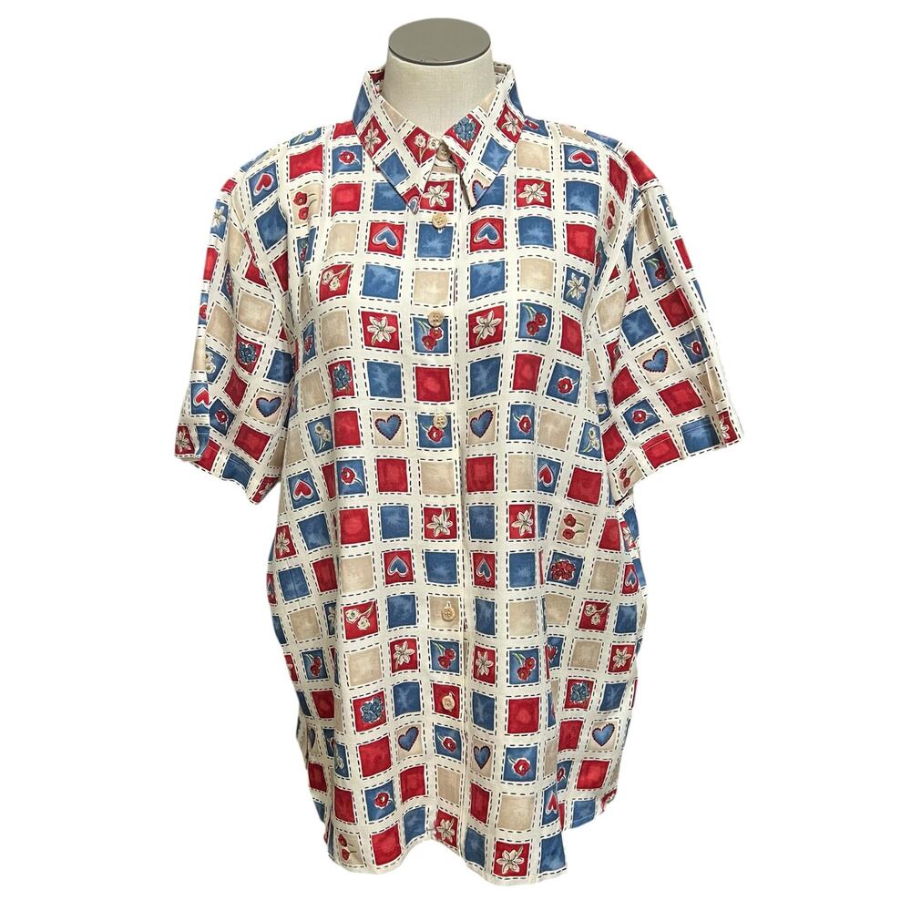 Alfred Dunner Vintage Floral Check Short Sleeve Button Up Cottage Shirt Sz 14